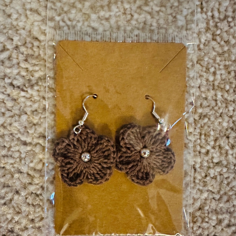 Brown Crochet Flower Drop Earrings